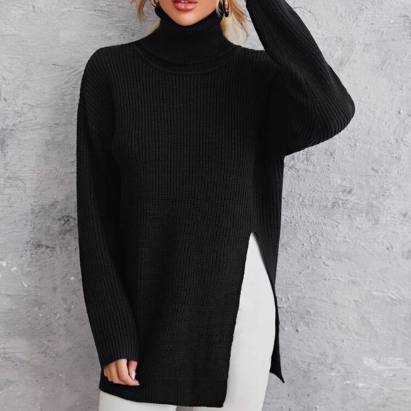 Mock neck long knit sweater black oversized split hem
